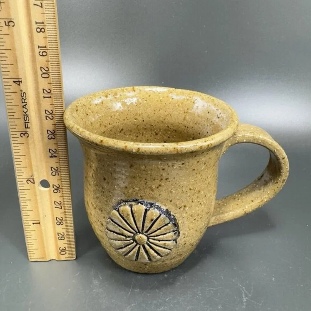 Hand Made Pottery Coffee Mug Cup Stoneware Artist Signed Raised Flower Brown VTG